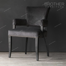 Черный античный деревянный ткань подушки стул с подлокотниками для столовой